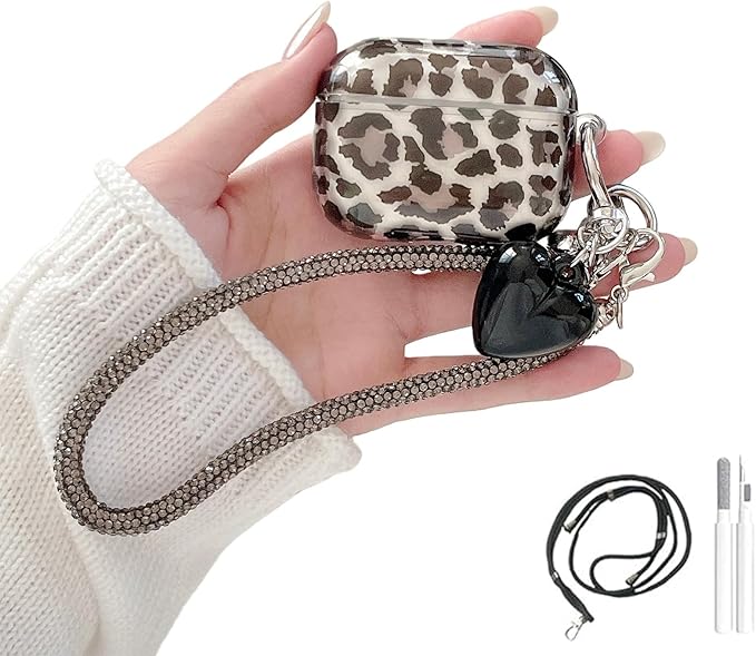 Black Translucent Leopard Print Silicone Case for AirPods Pro 3 (2025) - Cute Shockproof Cover with Detachable Long Neck Lanyard, Travel Keychain, MagSafe Compatible,for Women & Men