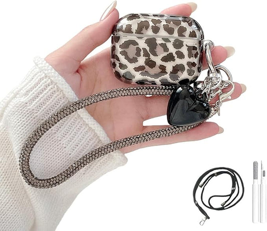 Black Translucent Leopard Print Silicone Case for AirPods Pro 3 (2025) - Cute Shockproof Cover with Detachable Long Neck Lanyard, Travel Keychain, MagSafe Compatible,for Women & Men