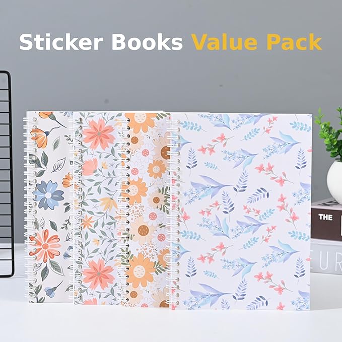 BetterJonny 4 Pcs Reusable Sticker Book Collecting Album Blank Sticker Storage Organizer Book, A5 Size 24 Inner Pages Per Album, Release Paper for Collecting Stickers, Labels(Aesthetic Flowers)