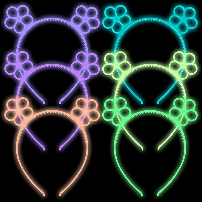 ZIRICHER 6Pcs Flower Plastic Hairband Glow In Dark,Luminous Party Headbands Cute Cartoon Hair Hoops for Girls Women,Sweet Birthday Crowns Head Piece for Kids Adults Party Favors Hair Accessories