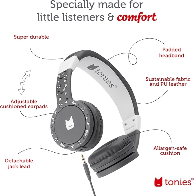 Tonies Foldable Wired Headphones for Kids - Comfortably Designed to fit On-Ear - Works with Toniebox 1 and All 3.5mm Devices - Gray