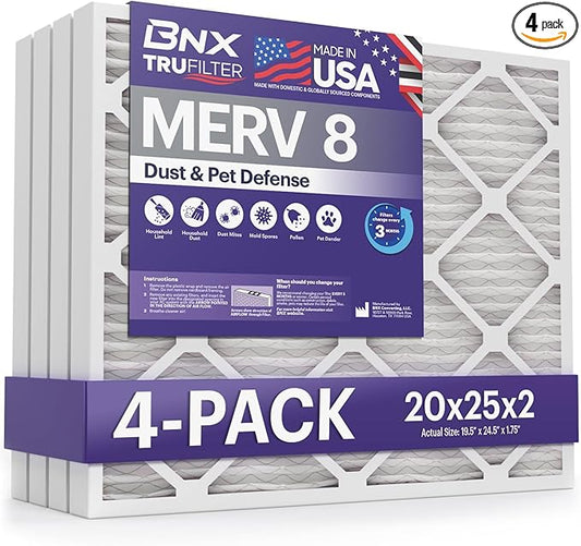 BNX TruFilter 20x25x2 Air Filter MERV 8 (4-Pack) - MADE IN USA – Dust & Pet Defense Electrostatic Pleated Air Conditioner HVAC AC Furnace Filters for Dust, Pet, Mold, Pollen MPR 600 – 700 & FPR 5