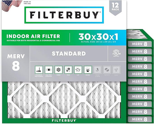 Filterbuy 30x30x1 Air Filter MERV 8 Essential Dust & Allergy Defense (12-Pack), Electrostatic Pleated HVAC AC Furnace Filters Replacement (Actual Size: 29.50 x 29.50 x 0.75)