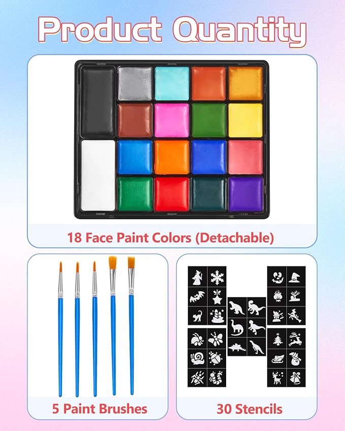 Lictin Water Based Face Paint - 18 Colors Face Painting Kit with Stencils and Brushes, Halloween Makeup Kit for Adults and Kids, Professional Non Toxic Washable