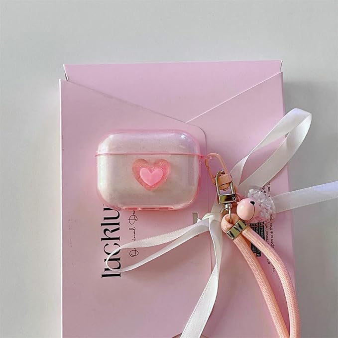 Pink Transparent Glitter with 3D Raised Heart Silicone Case for AirPods Pro 3 (2025) - Cute Shockproof Cover with Detachable Long Neck Lanyard, Travel Keychain, MagSafe Compatible,for Women