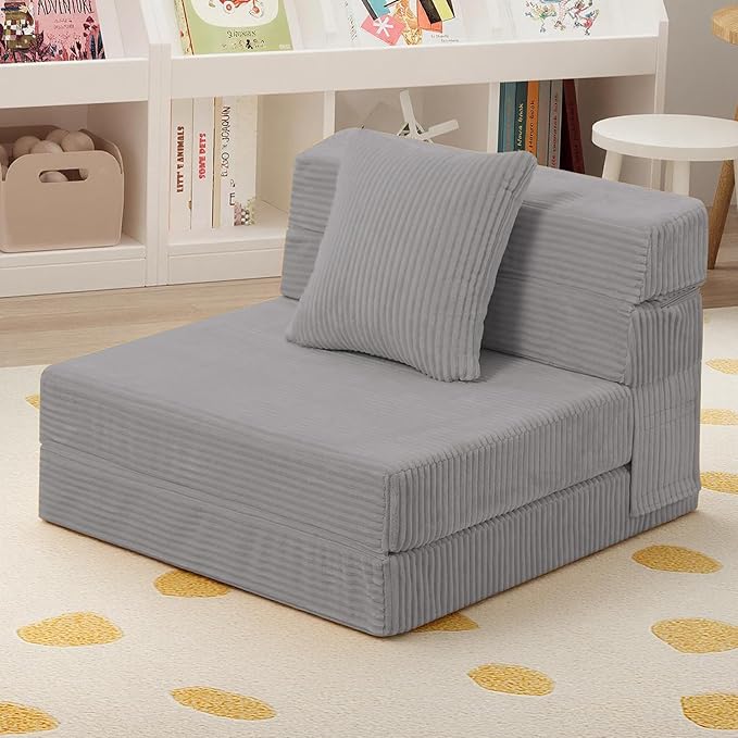 MeMoreCool Folding Sofa for Kids, Corduroy Fold Out Futon Chair, Small Foldable Floor Mattress, Portable Children Couch Sofa, Light Grey