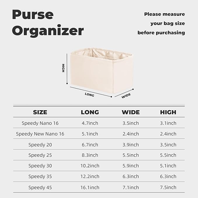 Purse Handbag Silky Organizer Insert Keep Bag Shape Fits LV Speedy 16/20/25/30/35/45 bags, Luxury Handbag Tote Lightweight Sturdy(Craie, Speedy16)
