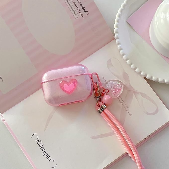 Pink Transparent Glitter with 3D Raised Heart Silicone Case for AirPods Pro 3 (2025) - Cute Shockproof Cover with Detachable Long Neck Lanyard, Travel Keychain, MagSafe Compatible,for Women