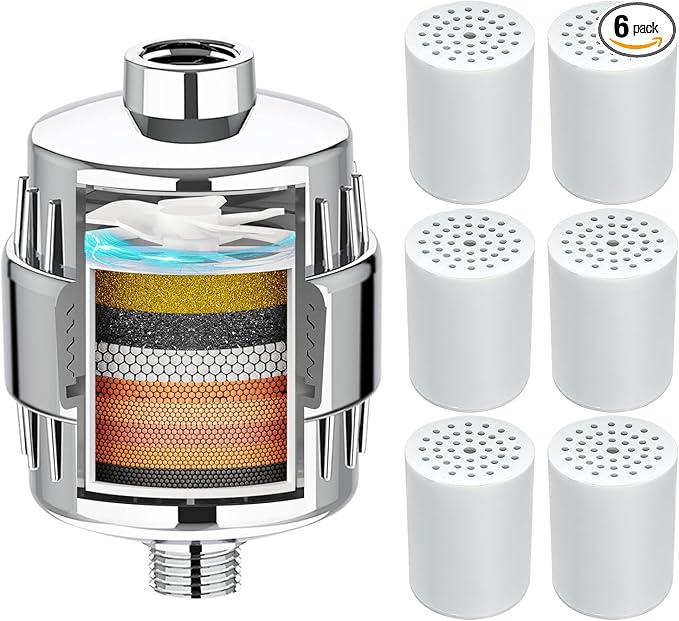 Yodel Shower Filter with 6 Cartridge Chrome - Hard Water Softener, 99% Removes Chlorine & Impurities, Improves Skin & Hair Condition, Universal Fit for Shower Heads