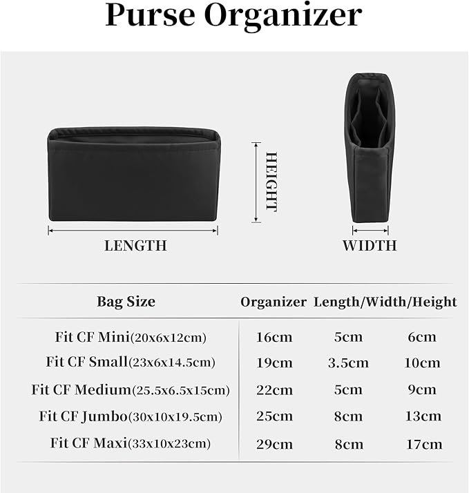 Classic Bag Organizer Insert, Compatible with Chanel Classic Flap Mini 20, Lightweight Insert for Chanel Flap Bag (Black)