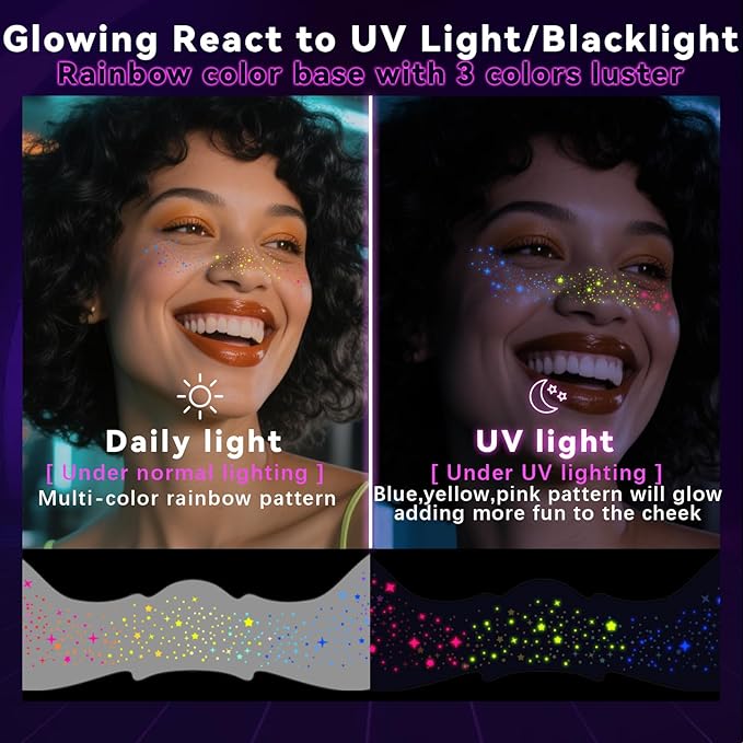 Noerrors 6pcs Rainbow Freckles Face Tattoo Sticker Glow under UV Light Blacklight in the Dark, Neon Fluorescent Glitter Colorful Star Fake Faux Freckle Temporary Patches Makeup for Party Supplies #02