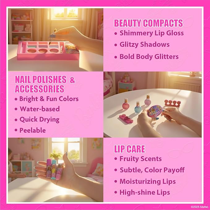 Barbie Train Case Beauty Set, Kids Makeup Kit for Girls, Real Washable Makeup Set, Play Makeup, Party Favor, Birthday, Ages 3 4 5 6 7 8 9 10 11 12 by Townley Girl