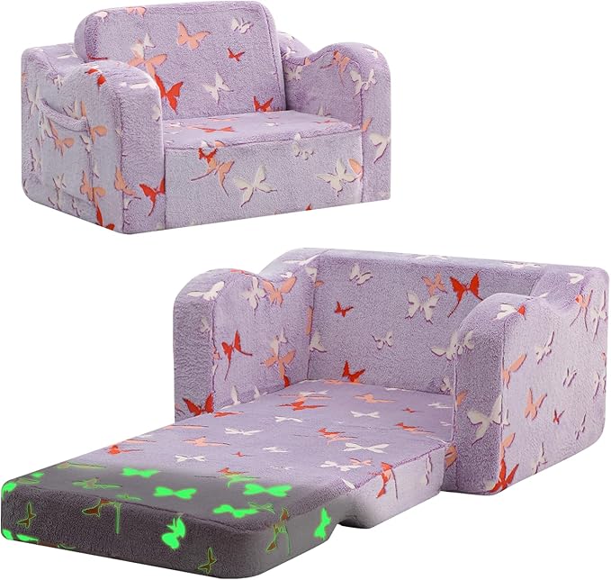 MeMoreCool Glowing Butterfly Kids Chair, 2-in-1 Foldable Kids Couch for Girls, Glow-in-the-Dark Lavender Sofa with Fold-Out Lounger, Soft Foam Kids Furniture for Playroom Nursery, Washable Cover | Reading, Relaxing
