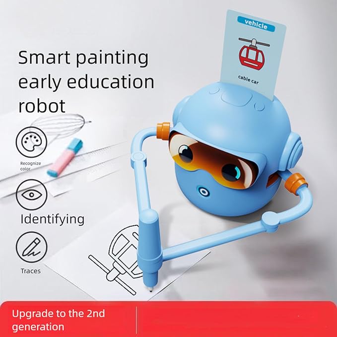 CUIFATI Smart Drawing Robot for Kids, Interactive Educational Drawing Robot with 100 Cards & 14 Colorful Pens, Robot Drawing Machine for Gift (Blue)