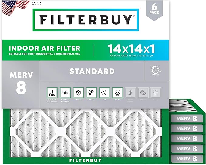 Filterbuy 14x14x1 Air Filter MERV 8 Essential Dust & Allergy Defense (6-Pack), Electrostatic Pleated HVAC AC Furnace Filters Replacement (Actual Size: 13.75 x 13.75 x 0.75)
