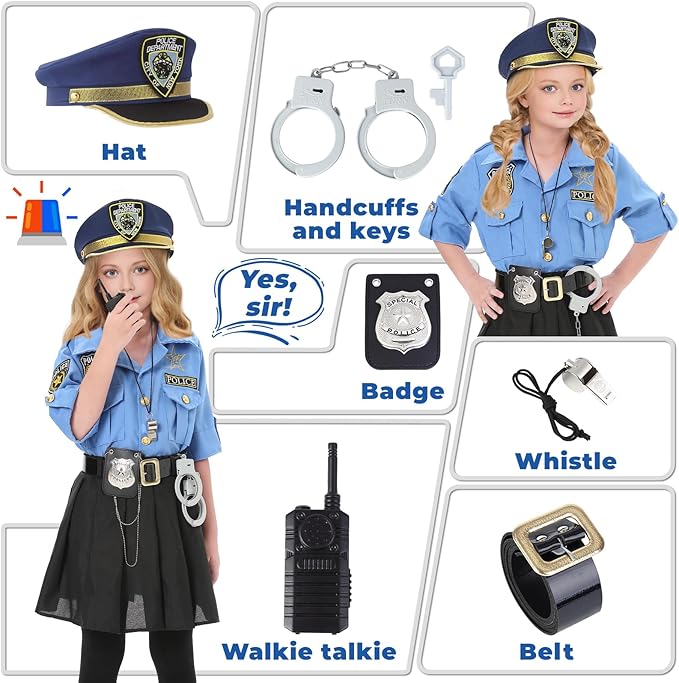 Lumiparty Police Officer Costume for Kid,Girls Police Costume,Halloween Cop Costume Outfit Set for Roleplay Dress Up