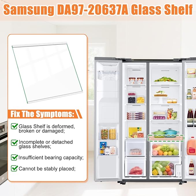 UPGRADED DA97-20637A Refrigerator Glass Shelf Compatible with Samsung Fridge Shelf Replacement Parts, Refrigerator Replacement Shelves RS22T5201SR RS22T5561SR Lower Tempered Glass Crisper Drawer Cover