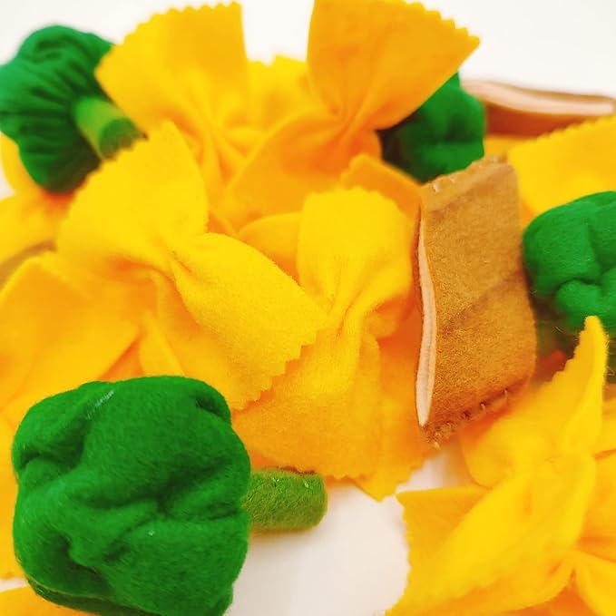 Pasta with broccoli, farfalle, bow tie pasta, felt play food for kids kitchen, pretend play for kids (yellow, set 3 (farfalle, broccoli, chicken))
