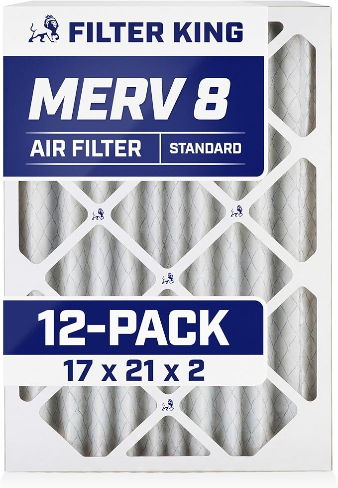 Filter King 17x21x2 Air Filter (MERV 8) (12-Pack) Dust & Allergy Control AC Furnace Filters, MADE IN USA, HVAC, Pleated, Electrostatic (Actual Size: 17 x 21 x 1.75)