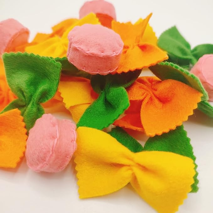 Felt play food Pasta farfalle with sausage for pretend play in kids kitchen, plush fake realistic bow tie (tri-color farfalle, Small set (16 farfalle, 4 sausages))