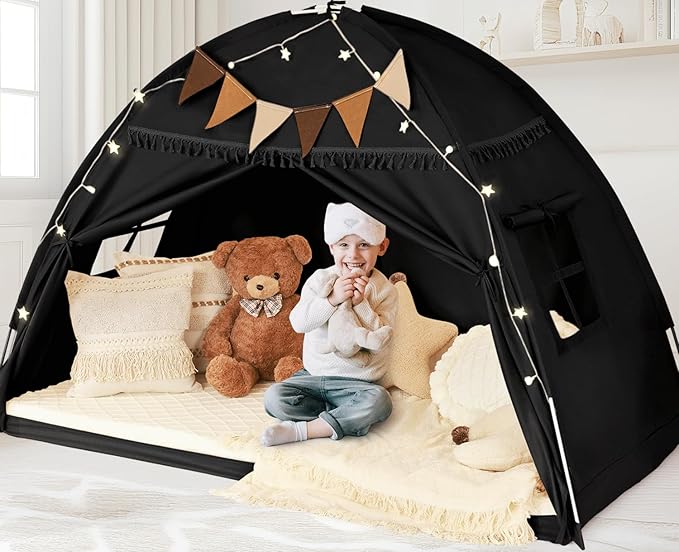 Full Size Bed Tent Canopy, Kids Play Tent with Flags & Star Lights, Canopy on Bed Privacy Space Sleeping Blackout Tents, Indoor Breathable Portable & Foldable, XL-Large Black Tassels Style