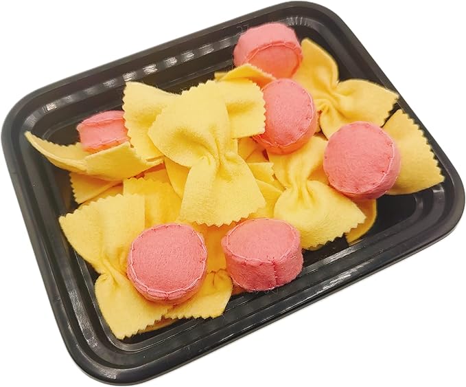 Felt play food Pasta farfalle with sausage for pretend play in kids kitchen, plush fake realistic bow tie (beige farfalle, Large set (24 farfalle, 6 sausages))