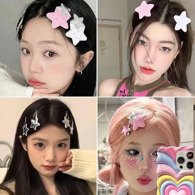 20Pcs Kawaii Star Hair Clips Y2k Hair Accessories Cute Star Hair Barrettes for Women Girls Large Snap Hair Clips Silver Goth Hair Clip Bone Cross Cowboy Plush Hair Clip Styling Tools Gifts