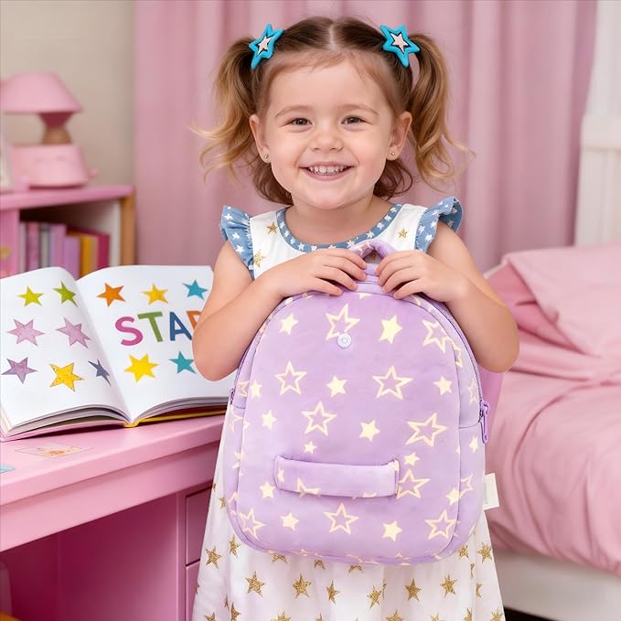 Gloveleya Toddler Backpacks Baby Girl Gifts Curly Hair Plush Figures Dress Backpack Kids Backpack Curly Hair Spring Girl - Black Head Purple Star 9inches