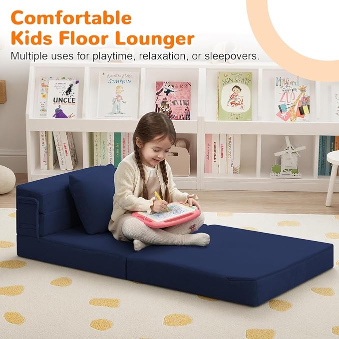MeMoreCool Foldable Futon Chair Bed for Kids, Toddler Sofa Mattress, Convertible Foam Floor Couch, Tri-fold Sleeping Mattress (Navy)
