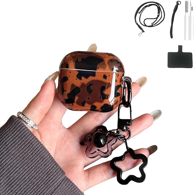 for AirPods 4 Case - Black Brown Leopard Print Design, Soft TPU Protective Cover with Detachable Neck Strap & Hand Strap, Shockproof Travel Accessories for Women Men (Stylish, Cute, Unisex)
