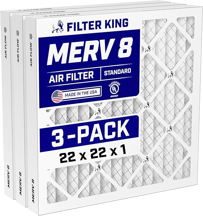Filter King 22x22x1 Air Filter (MERV 8) (3-Pack) Dust & Allergy Control AC Furnace Filters, MADE IN USA, HVAC, Pleated, Electrostatic (Actual Size: 21.5 x 21.5 x .75)