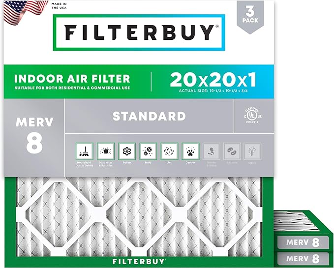 Filterbuy 20x20x1 Air Filter MERV 8 Essential Dust & Allergy Defense (3-Pack), Electrostatic Pleated HVAC AC Furnace Filters Replacement (Actual Size: 19.50 x 19.50 x 0.75)