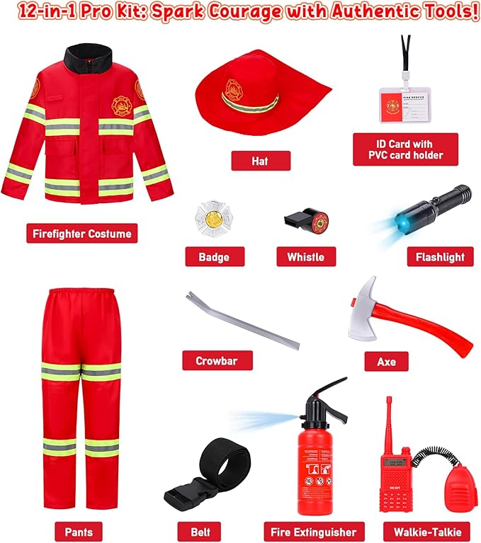 LOYO Firefighter Costume for Kids - Fireman Halloween Costumes for Toddler Boy, Dress Up Clothes for Kids 3-12 Pretend Play