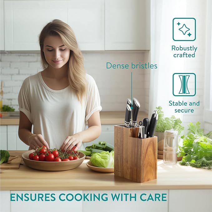 Navaris Knife Block & Utensil Organiser - Durable Acacia Wood Knife Holder without Knives - Removable & Washable Plastic Bristle for Random Sized Knives - Kitchen Storage Stand