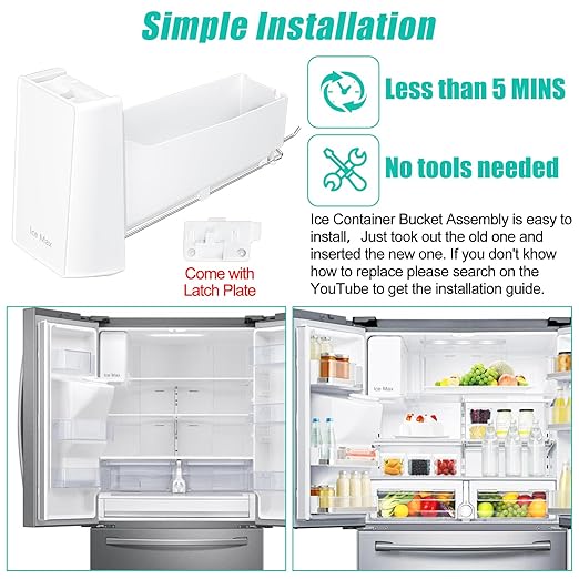 Upgraded DA97-20156B Ice Maker Replacement Compatible with Samsung Refrigerator DA97-20156A Ice Container, Ice Bucket Tray w/Latch Plate fit Model RF28HMEDBSR, RF27T5241SG, RF28R6301SG Ice Bin