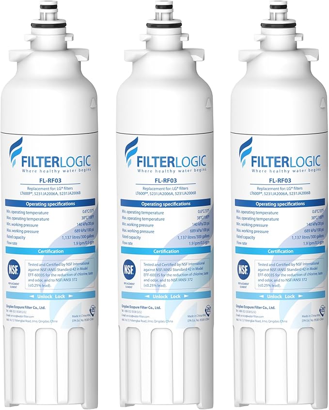 Filterlogic ADQ73613401 Refrigerator Water Filter, Replacement for LG® LT800P®, LT800PC, ADQ736134, ADQ73613402, LSXS26326S, LSXS26366S, LMXS30776S, LSXS26366D, LMXC23746S, 46-9490, 469490, Pack of 3
