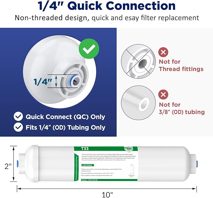 Membrane Solutions T33 Inline Water Filter, 2-Pack 1/4" Quick-Connect Replacement Cartridges for Refrigerator & Ice Maker, Post-Carbon Filter for Reverse Osmosis Systems, Push-to-Connect