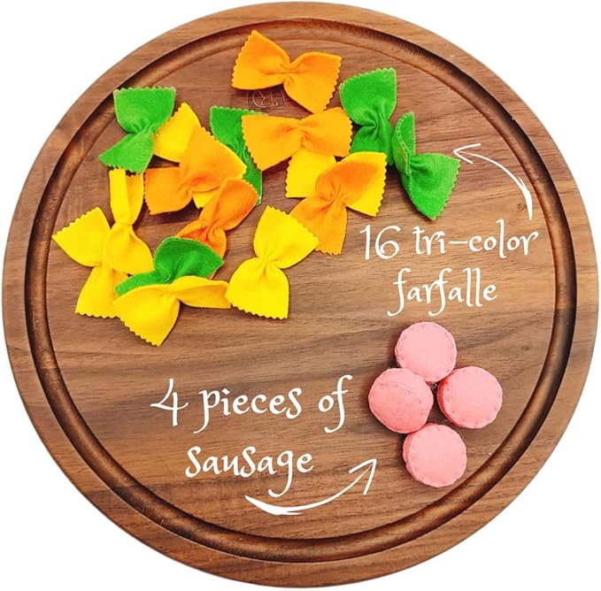 Felt play food Pasta farfalle with sausage for pretend play in kids kitchen, plush fake realistic bow tie (tri-color farfalle, Small set (16 farfalle, 4 sausages))