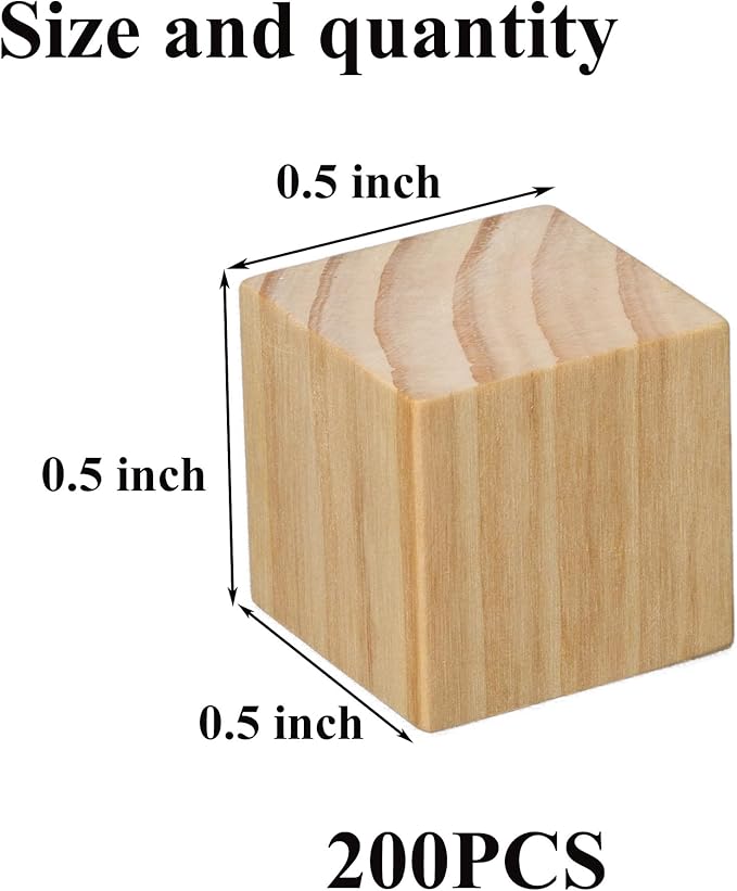 200 Pack Small Wood Cubes 0.5 Inch - Bulk Unfinished Wooden Squares for Mosaics, Architectural Modeling, Puzzle Making & Rustic Home Decor Projects