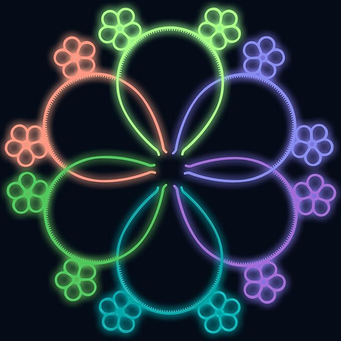 ZIRICHER 6Pcs Flower Plastic Hairband Glow In Dark,Luminous Party Headbands Cute Cartoon Hair Hoops for Girls Women,Sweet Birthday Crowns Head Piece for Kids Adults Party Favors Hair Accessories