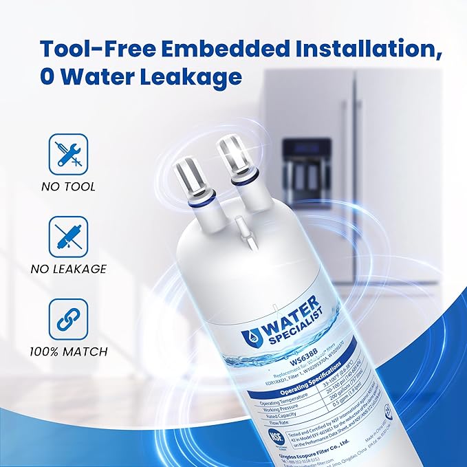 Waterspecialist EDR1RXD1 Water Filter Replacement for W10295370A, Everydrop® Filter 1, EDR1RXD1B, P8RFWB2L, P4RFWB, Kenmore® 46-9081, 46-9930, WS638 Refrigerator Water Filter, 4 Filters