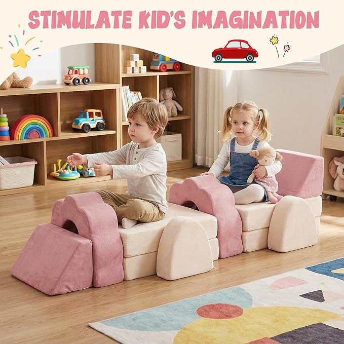 Flower Kids Play Couch 10PCS Toddler Couch High Density Foam Sectional Sofa Playroom Kids Furniture for Girls and Boys Bedroom (Pink)