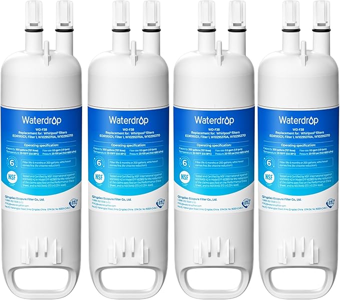 Waterdrop EDR1RXD1 Replacement for Everydrop® Filter 1, W10295370A, EDR1RXD1B, P8RFWB2L, P4RFWB, WD-F38, 46-9081, 46-9930 Refrigerator Water Filter, 4 Pack