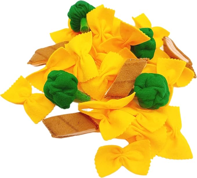 Pasta with broccoli, farfalle, bow tie pasta, felt play food for kids kitchen, pretend play for kids (yellow, set 3 (farfalle, broccoli, chicken))
