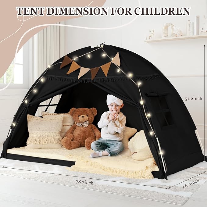 Full Size Bed Tent Canopy, Kids Play Tent with Flags & Star Lights, Canopy on Bed Privacy Space Sleeping Blackout Tents, Indoor Breathable Portable & Foldable, XL-Large Black Tassels Style