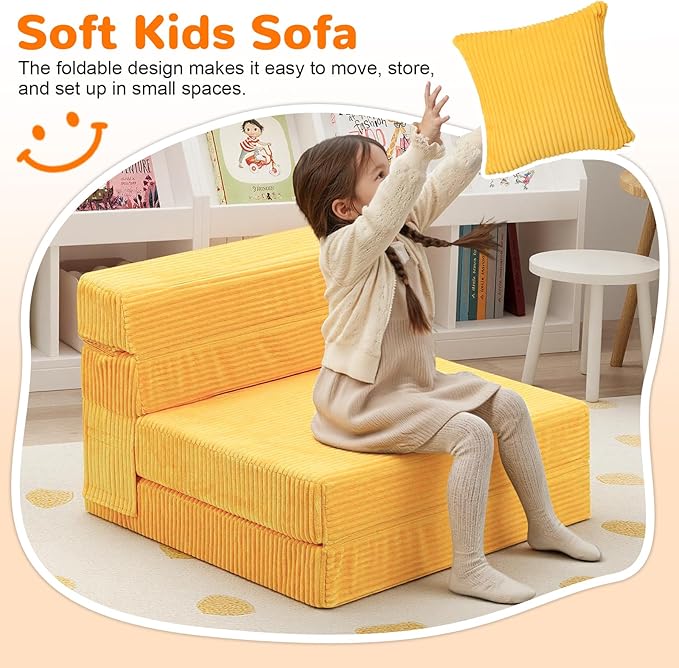 MeMoreCool Folding Sofa for Kids, Corduroy Fold Out Futon Chair, Small Foldable Floor Mattress, Portable Children Couch Sofa, Yellow