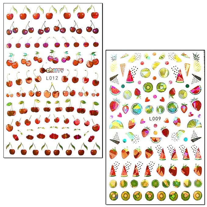 Fruits Nail Art Stickers 3D Self-Adhesive Nail Decals, Cherry Strawberry Watermelon Peach Orange Nail Sticker Decoration, Laser Glitter Nail Design for Women Girls Manicure Tips Nails Decal (6 Sheets)