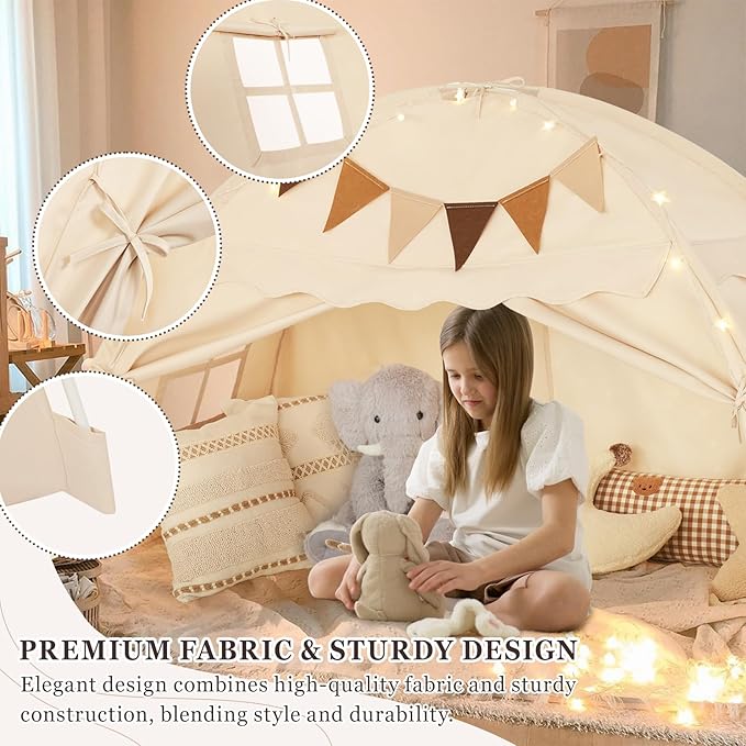Twin Size Bed Tent Canopy, Kids Play Tent with Flags & Star Lights, Canopy on Bed Privacy Space Sleeping Blackout Tents, Indoor Breathable Portable & Foldable, Girls & Boys Gifts, Cream Castle Style