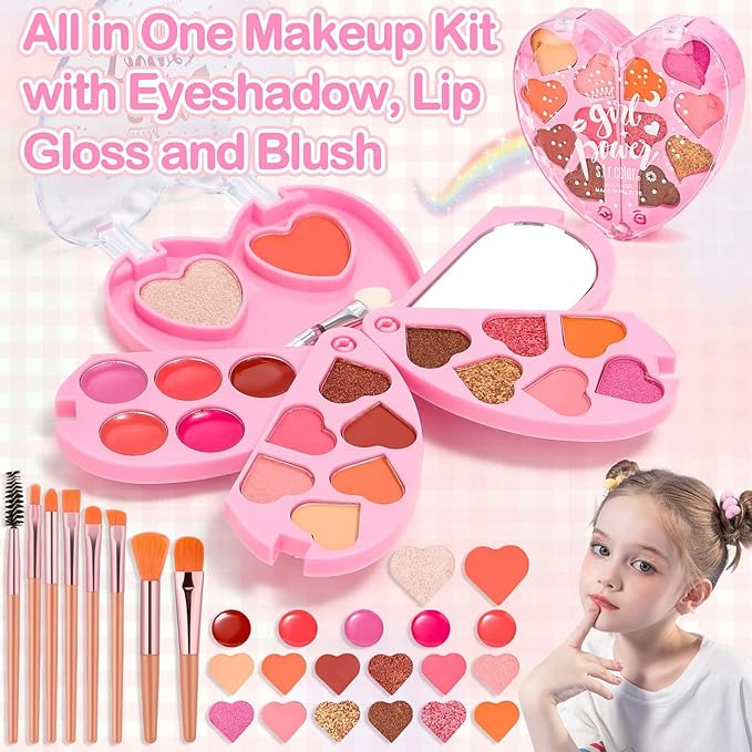 Kids Makeup & Nail Kit for Girls, Washable Cosmetic with Unicorn Storage Case, Kids Play Makeup Set, Girls Nail Polish and Press on Nails for Girl Birthday Gift 8 10 11 12+