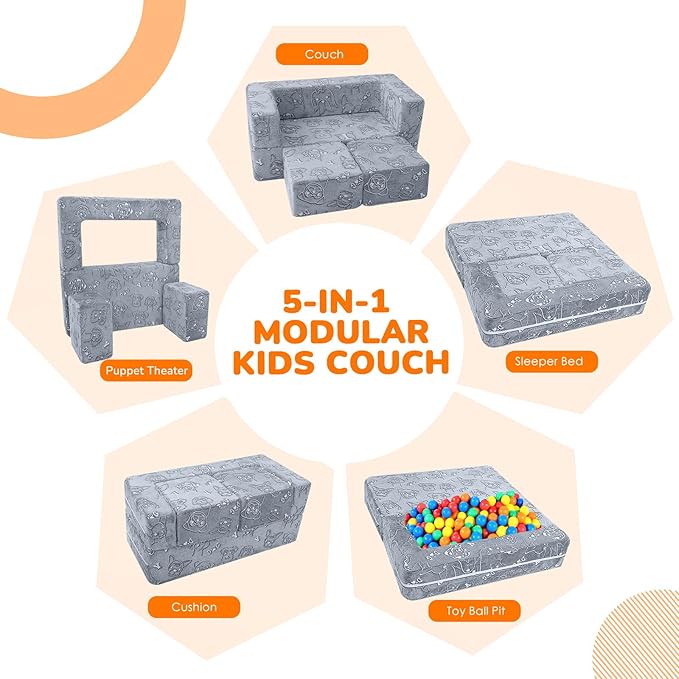 MeMoreCool Kids Sofa Couch, Glow-in-the-Dark Plush Cover, Convertible Foam Loveseat with Armrests & Pocket, Gray Dog Pattern, Playroom & Bedroom Children’s Furniture, 39" x 20" x 16"